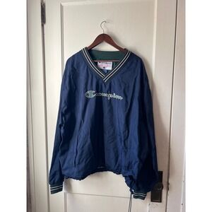 Vintage Champion V‎ Neck Pullover Windbreaker Jacket Navy Blue Green Trim Men XL